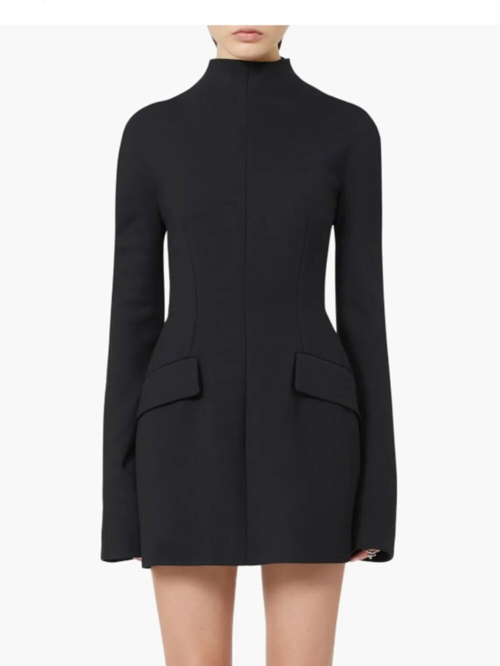 Long-Sleeve Black Mini Dress with High Neck and Flap Pockets